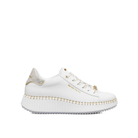 Renato Garini EX96 white platform sneaker with gold-tone whipstitch trim, patterned heel panel and ribbed sole, side profile