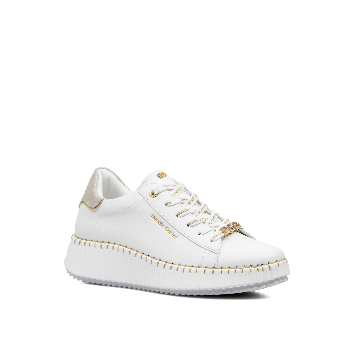 Renato Garini EX96 white platform sneaker at a three-quarter angle showing decorative lace accent and gold-tone stitching