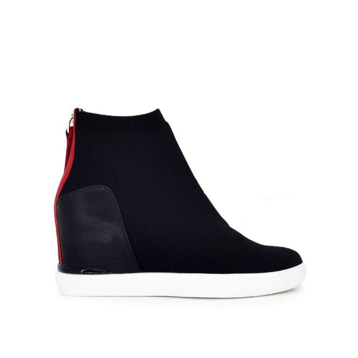 Renato Garini Regina-244 black stretch ankle boot with red back zipper, rounded toe and contrasting white platform sole, side profile