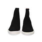 Renato Garini Regina-244 black stretch ankle boots, front view of the pair showing ribbed ankle collars and rounded toes above white soles