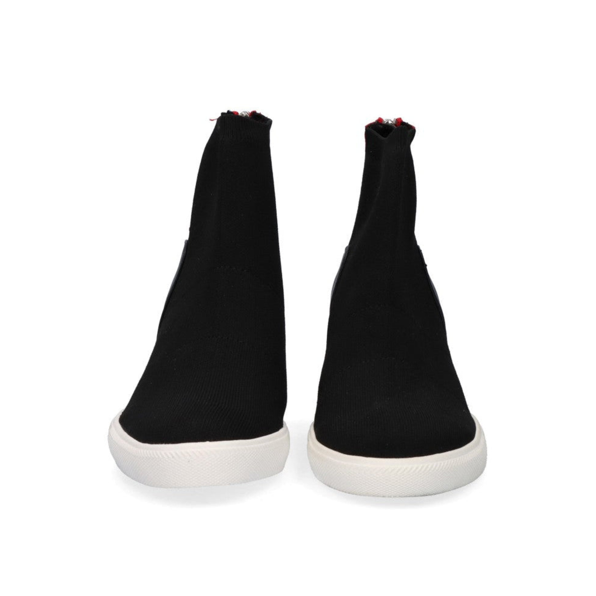 Renato Garini Regina-244 black stretch ankle boots, front view of the pair showing ribbed ankle collars and rounded toes above white soles