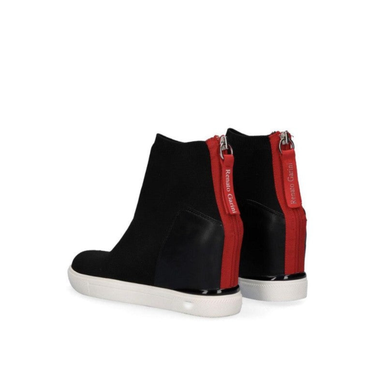 Renato Garini Regina-244 black platform ankle boots, rear three-quarter view showing red back zippers and branded zipper pulls