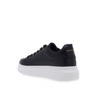 Renato Garini RG2101 lace-up platform sneaker in black with snake-textured panels, with a thick white sole, rear three-quarter view