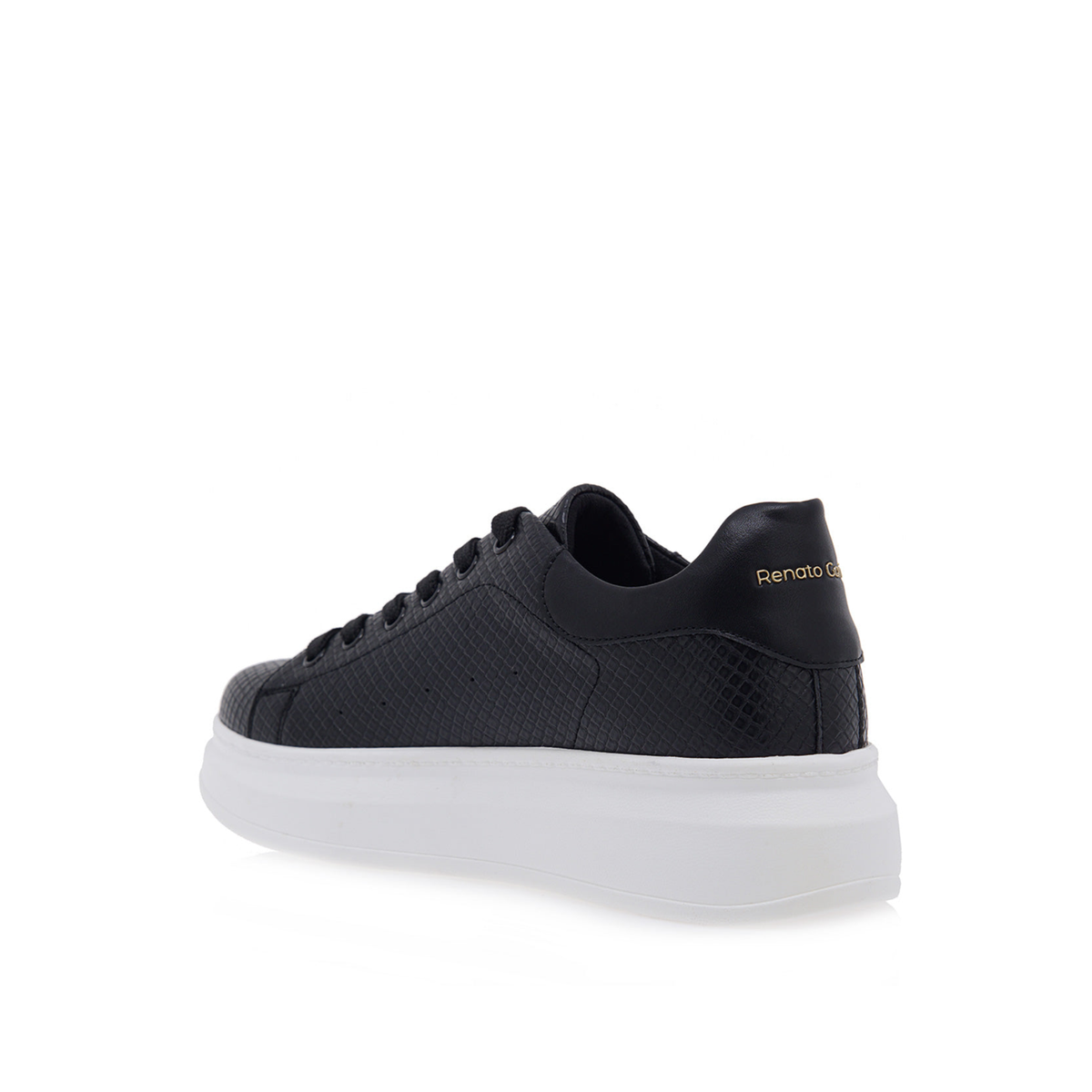 Renato Garini RG2101 lace-up platform sneaker in black with snake-textured panels, with a thick white sole, rear three-quarter view
