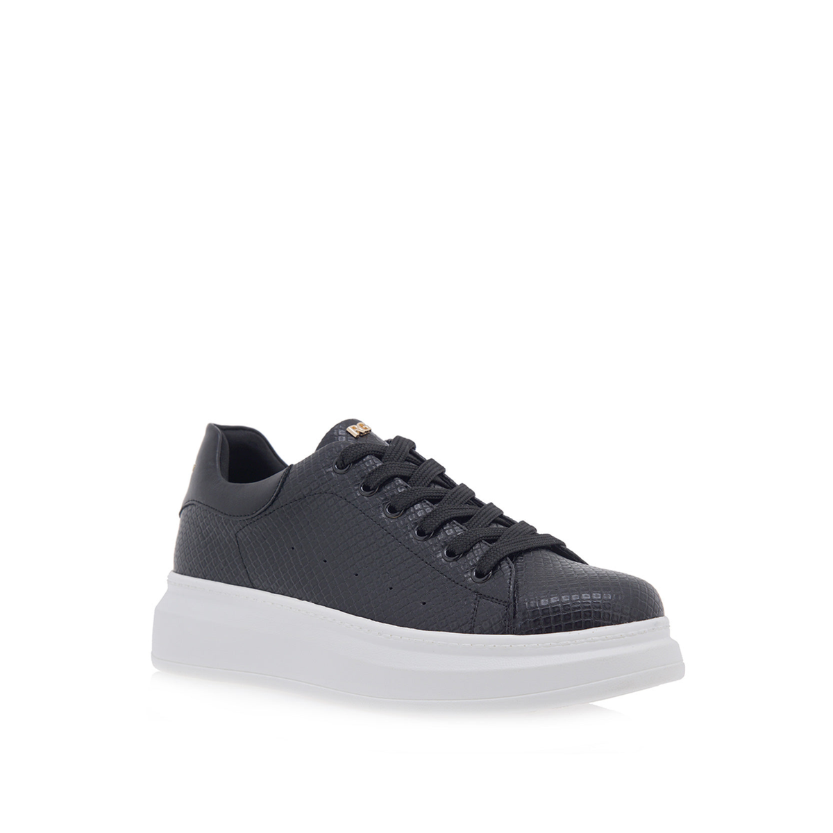 Renato Garini RG2101 lace-up platform sneaker in black with snake-textured panels, with a thick white sole, three-quarter view