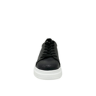 Renato Garini RG2101 lace-up platform sneaker in midnight blue with snake-textured panels and a gold-tone heel accent, with a thick white sole, front view