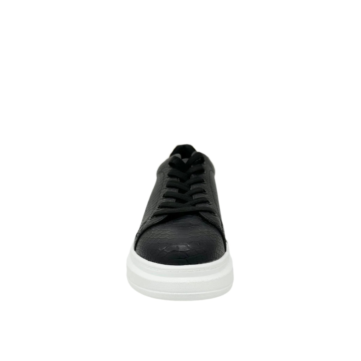 Renato Garini RG2101 lace-up platform sneaker in midnight blue with snake-textured panels and a gold-tone heel accent, with a thick white sole, front view