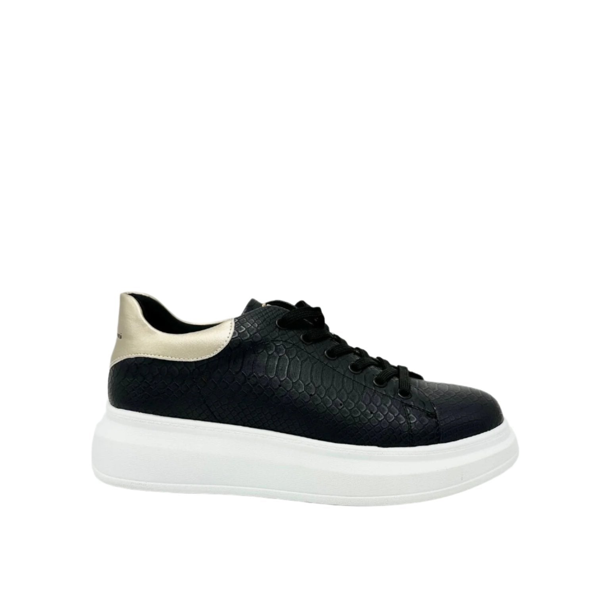 Renato Garini RG2101 lace-up platform sneaker in midnight blue with snake-textured panels and a gold-tone heel accent, with a thick white sole, side profile