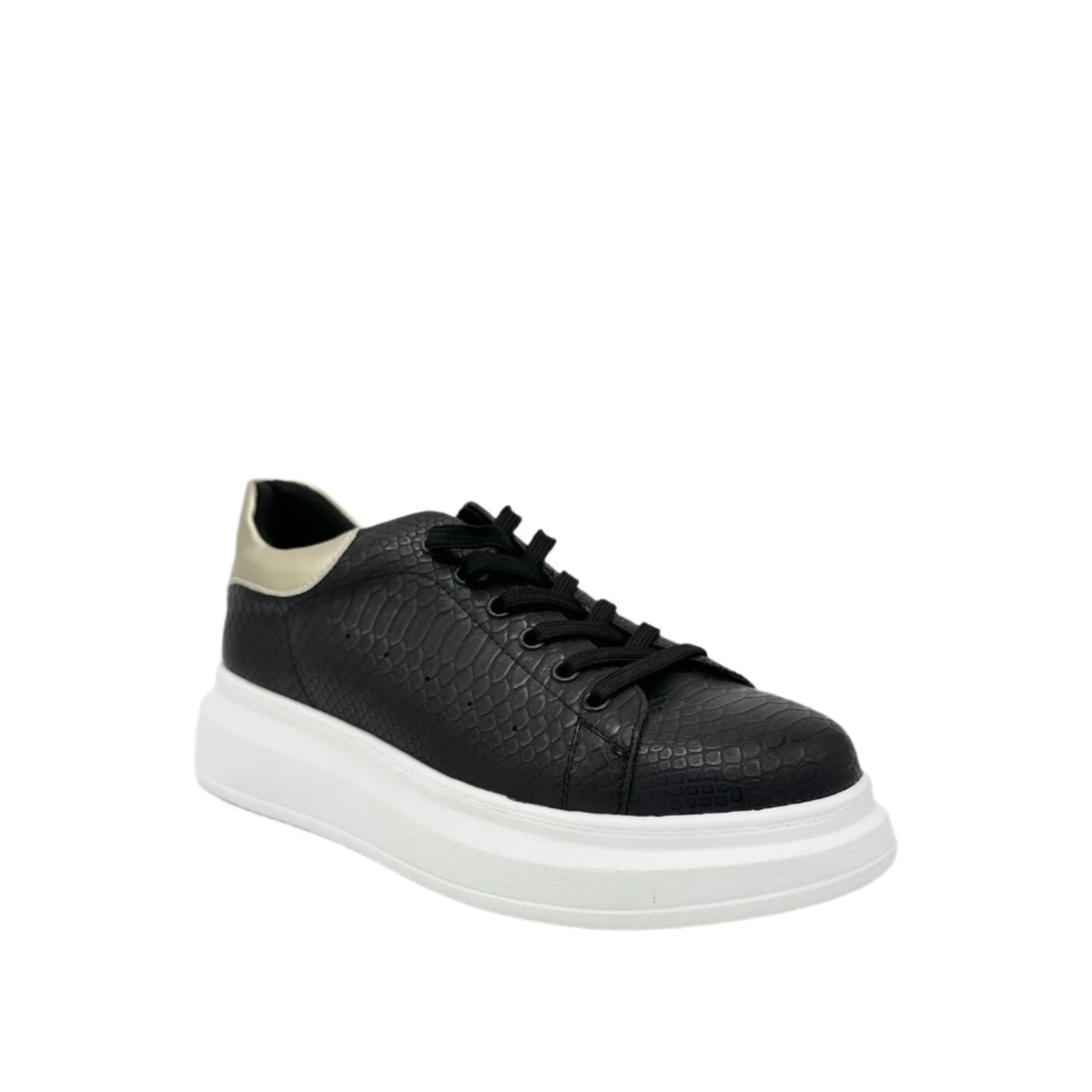 Renato Garini RG2101 lace-up platform sneaker in midnight blue with snake-textured panels and a gold-tone heel accent, with a thick white sole, three-quarter view