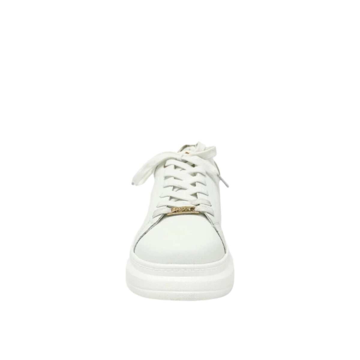 Renato Garini RG2101 lace-up platform sneaker in white with a gold-tone textured heel panel, with a thick white sole, front view