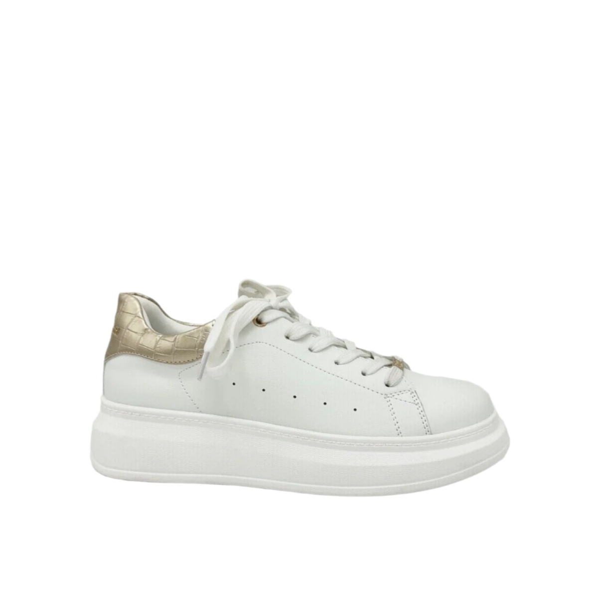 Renato Garini RG2101 lace-up platform sneaker in white with a gold-tone textured heel panel, with a thick white sole, side profile