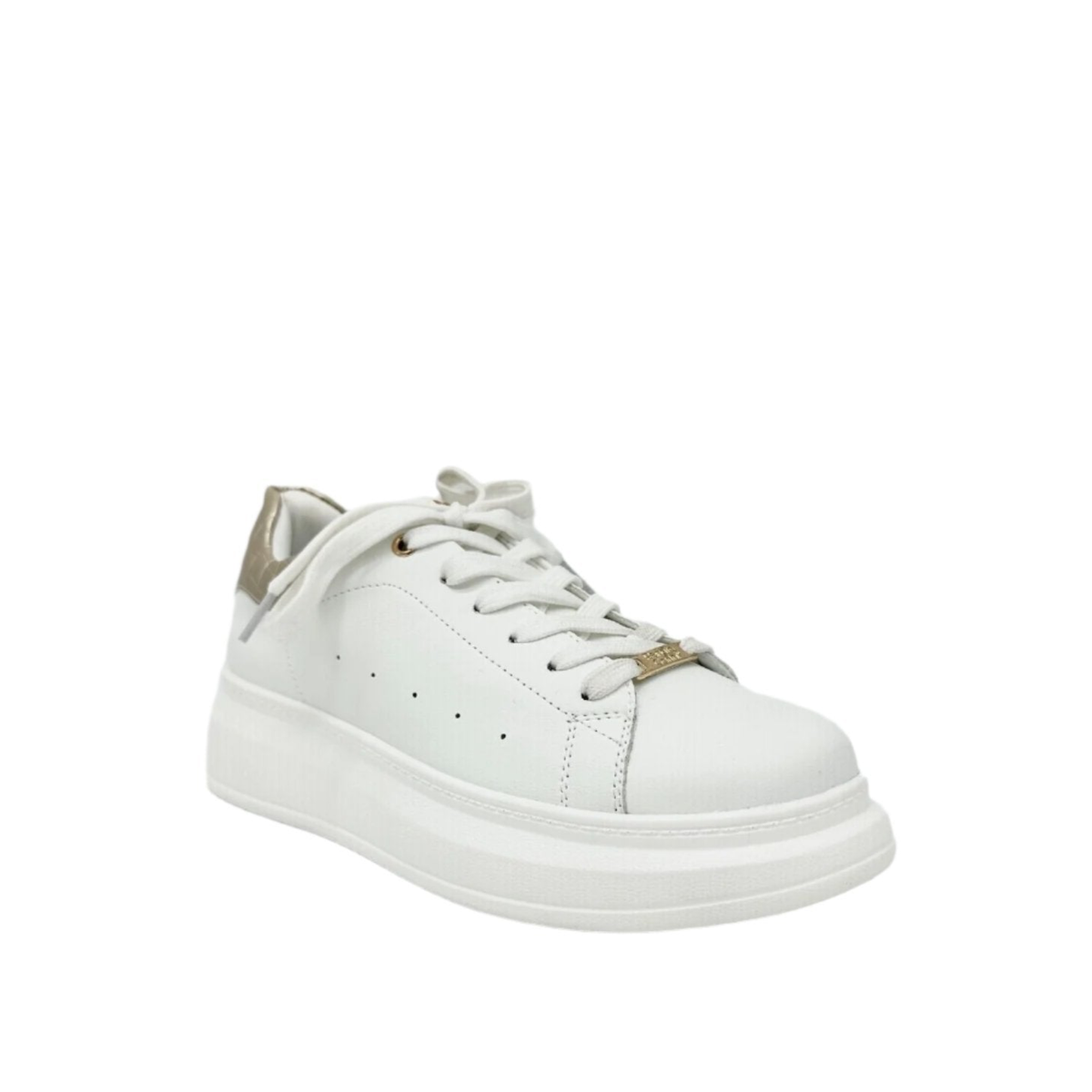 Renato Garini RG2101 lace-up platform sneaker in white with a gold-tone textured heel panel, with a thick white sole, three-quarter view