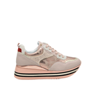 Renato Garini RG2210B pink platform sneaker with rose-gold panels, studded side detail, blush laces and striped sole, side profile