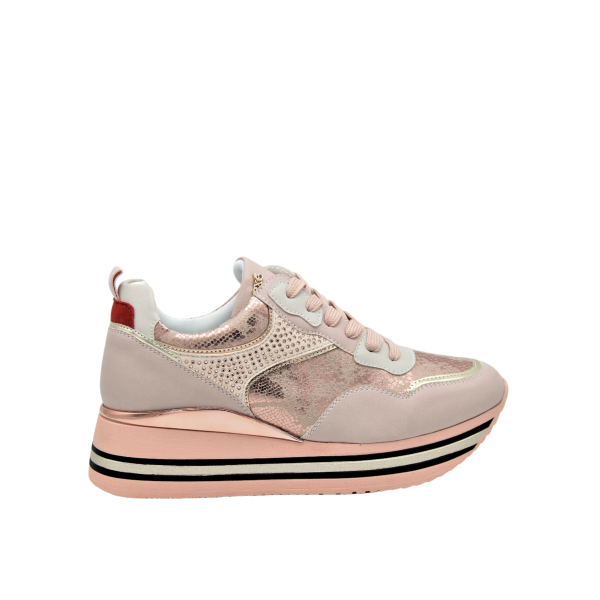 Renato Garini RG2210B pink platform sneaker with rose-gold panels, studded side detail, blush laces and striped sole, side profile