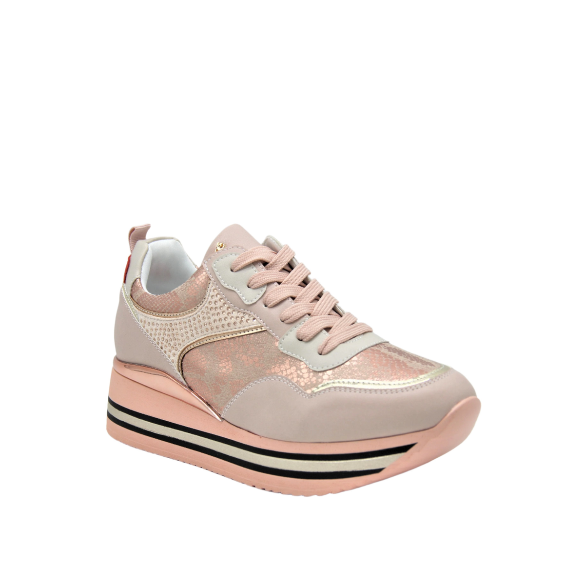 Renato Garini RG2210B pink platform sneaker at a three-quarter angle, showing blush laces, rose-gold accents, studded side panel and striped sole