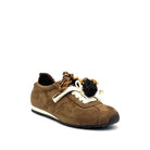 Camel: Renato Garini Roma-601 pom-pom lace fashion sneaker in camel suede with tassel and bead lace detail, side view