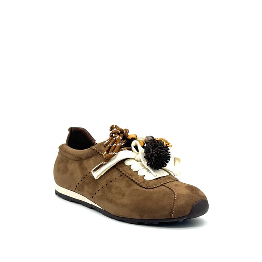 Camel: Renato Garini Roma-601 pom-pom lace fashion sneaker in camel suede with tassel and bead lace detail, side view