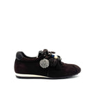 Brown: Renato Garini Roma-601 pom-pom lace fashion sneaker in dark brown suede with pom-pom and bead lace detail, side view
