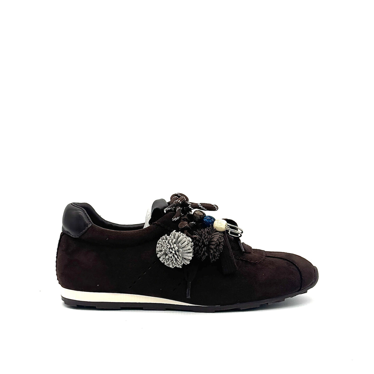 Brown: Renato Garini Roma-601 pom-pom lace fashion sneaker in dark brown suede with pom-pom and bead lace detail, side view