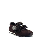 Brown: Renato Garini Roma-601 pom-pom lace fashion sneaker in dark brown suede with pom-pom and bead lace detail, side view