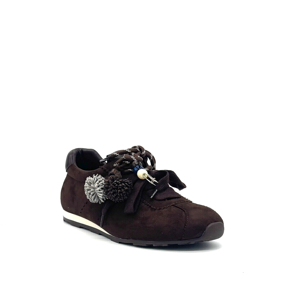 Brown: Renato Garini Roma-601 pom-pom lace fashion sneaker in dark brown suede with pom-pom and bead lace detail, side view