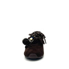 Brown: Renato Garini Roma-601 pom-pom lace fashion sneaker in dark brown suede with pom-pom and bead lace detail, side view