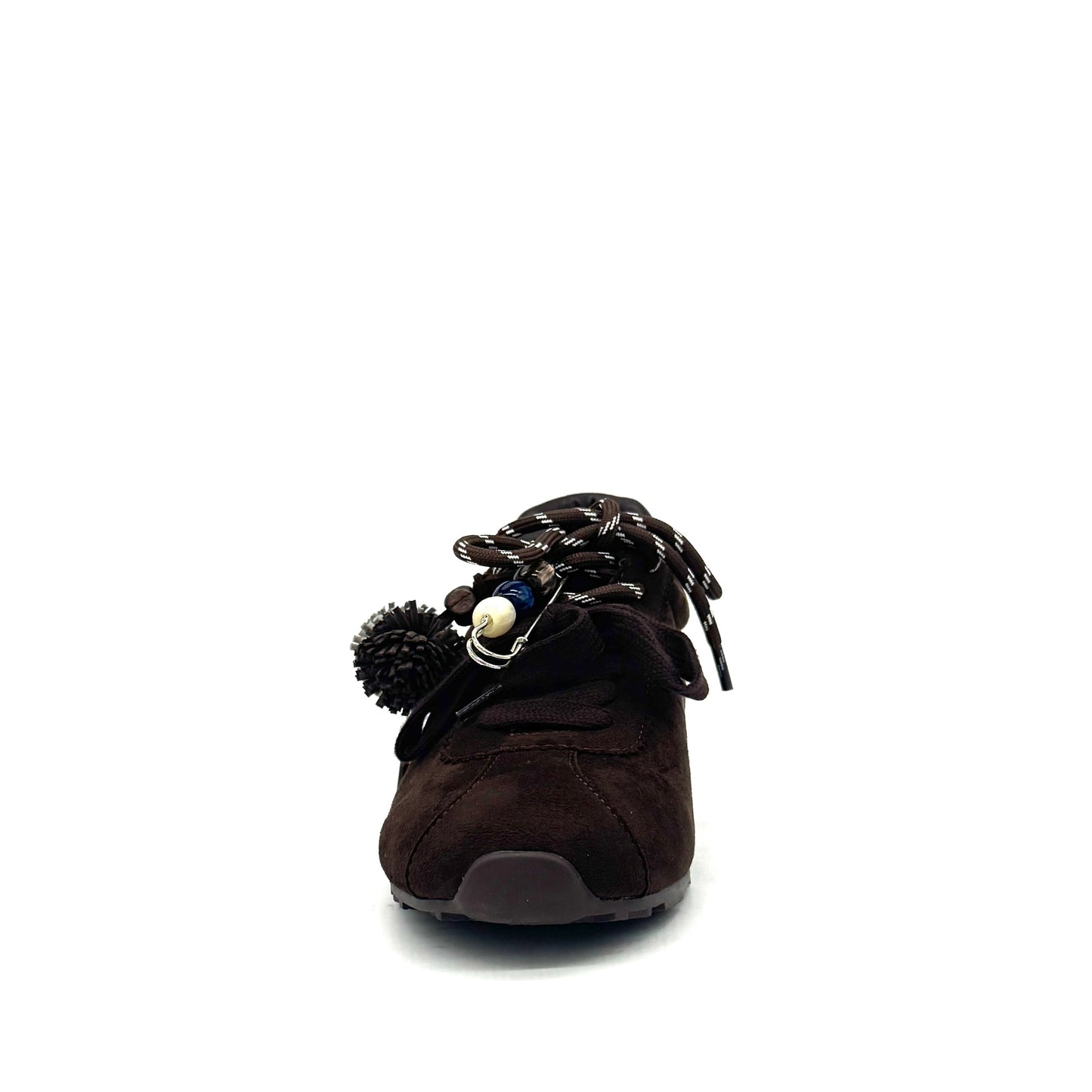 Brown: Renato Garini Roma-601 pom-pom lace fashion sneaker in dark brown suede with pom-pom and bead lace detail, side view