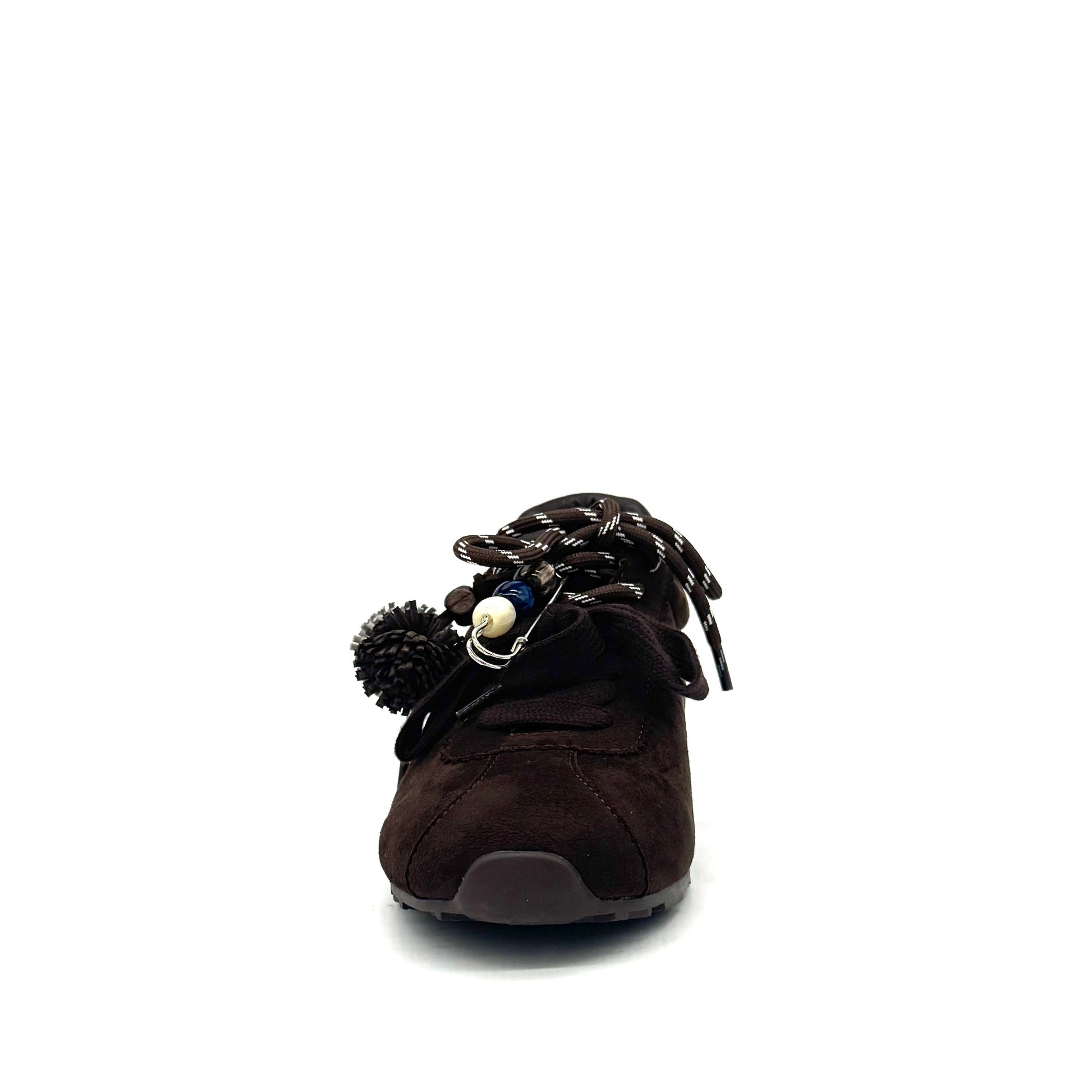Brown: Renato Garini Roma-601 pom-pom lace fashion sneaker in dark brown suede with pom-pom and bead lace detail, side view