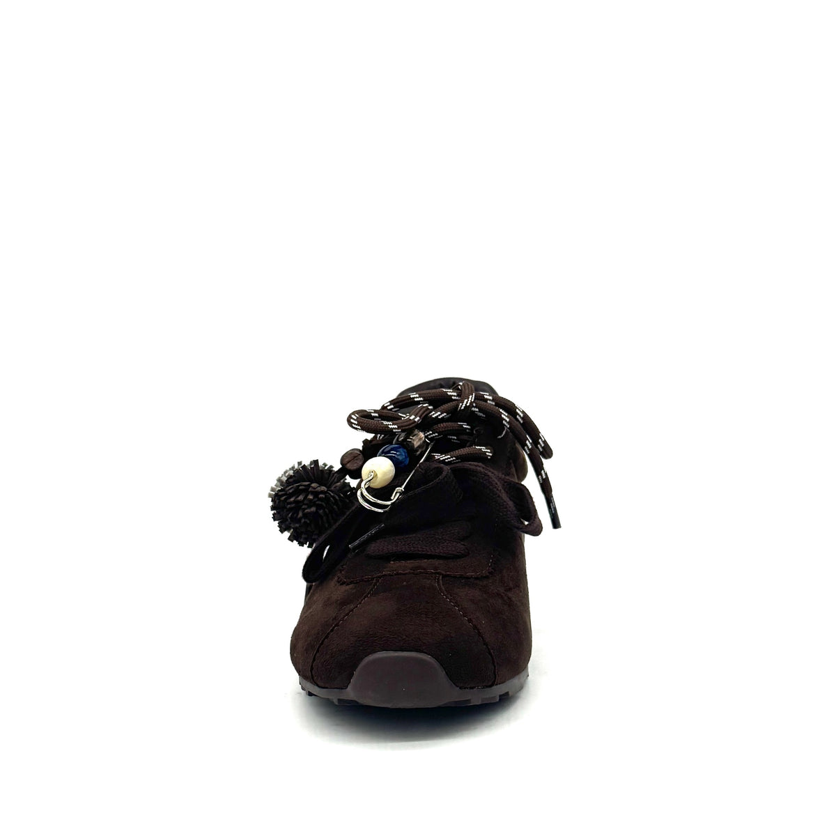 Brown: Renato Garini Roma-601 pom-pom lace fashion sneaker in dark brown suede with pom-pom and bead lace detail, side view