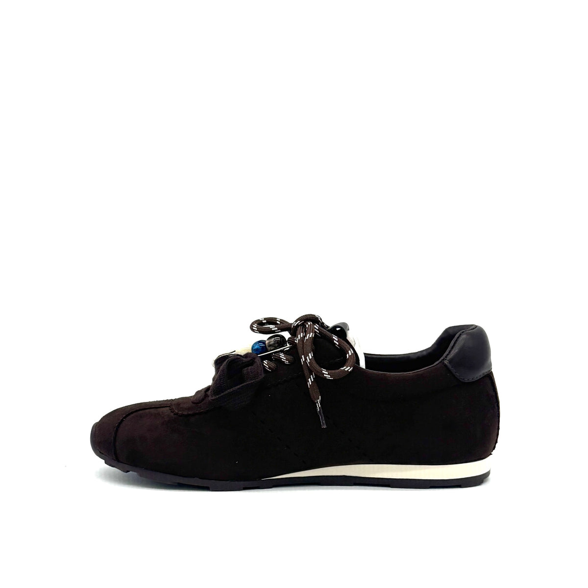 Brown: Renato Garini Roma-601 pom-pom lace fashion sneaker in dark brown suede with pom-pom and bead lace detail, side view