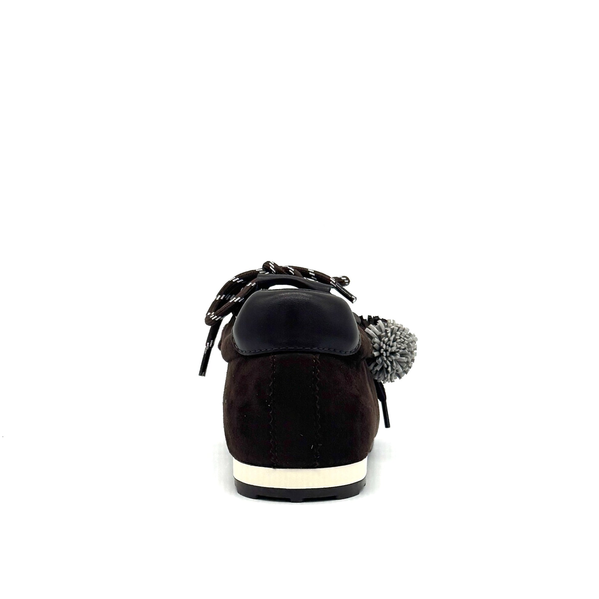 Brown: Renato Garini Roma-601 pom-pom lace fashion sneaker in dark brown suede with pom-pom and bead lace detail, side view