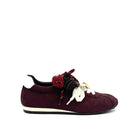 Burgundy: Renato Garini Roma-601 pom-pom lace fashion sneaker in burgundy suede with pom-pom and charm lace detail, side view