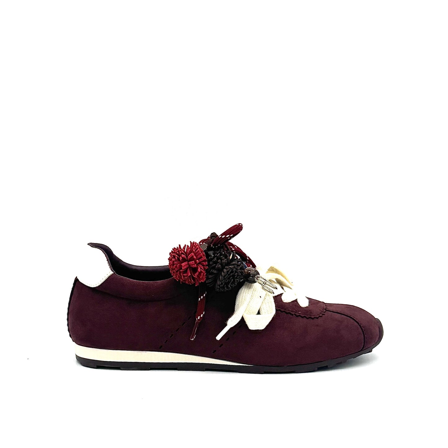 Burgundy: Renato Garini Roma-601 pom-pom lace fashion sneaker in burgundy suede with pom-pom and charm lace detail, side view