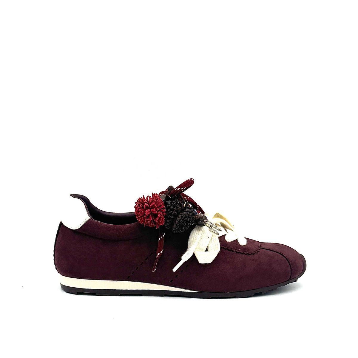 Burgundy: Renato Garini Roma-601 pom-pom lace fashion sneaker in burgundy suede with pom-pom and charm lace detail, side view