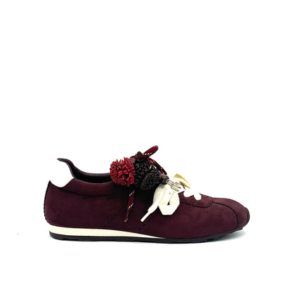 Burgundy: Renato Garini Roma-601 pom-pom lace fashion sneaker in burgundy suede with pom-pom and charm lace detail, side view