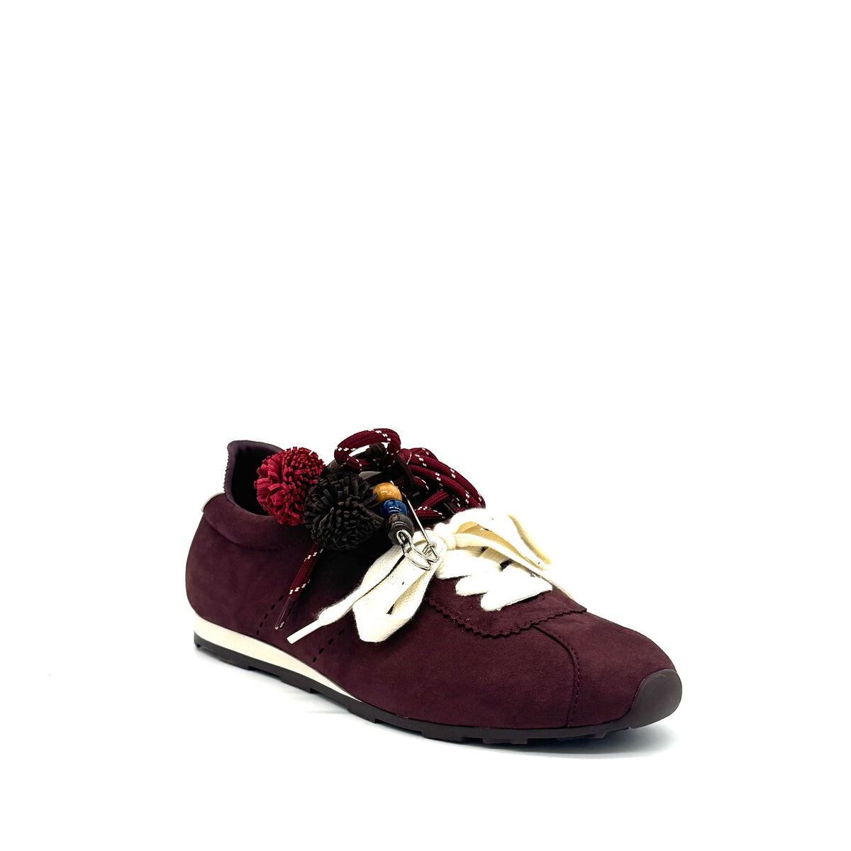 Burgundy: Renato Garini Roma-601 pom-pom lace fashion sneaker in burgundy suede with pom-pom and charm lace detail, side view
