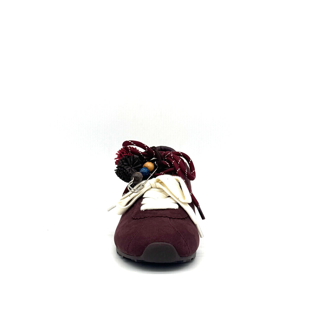 Burgundy: Renato Garini Roma-601 pom-pom lace fashion sneaker in burgundy suede with pom-pom and charm lace detail, side view