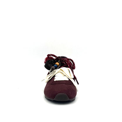 Burgundy: Renato Garini Roma-601 pom-pom lace fashion sneaker in burgundy suede with pom-pom and charm lace detail, side view