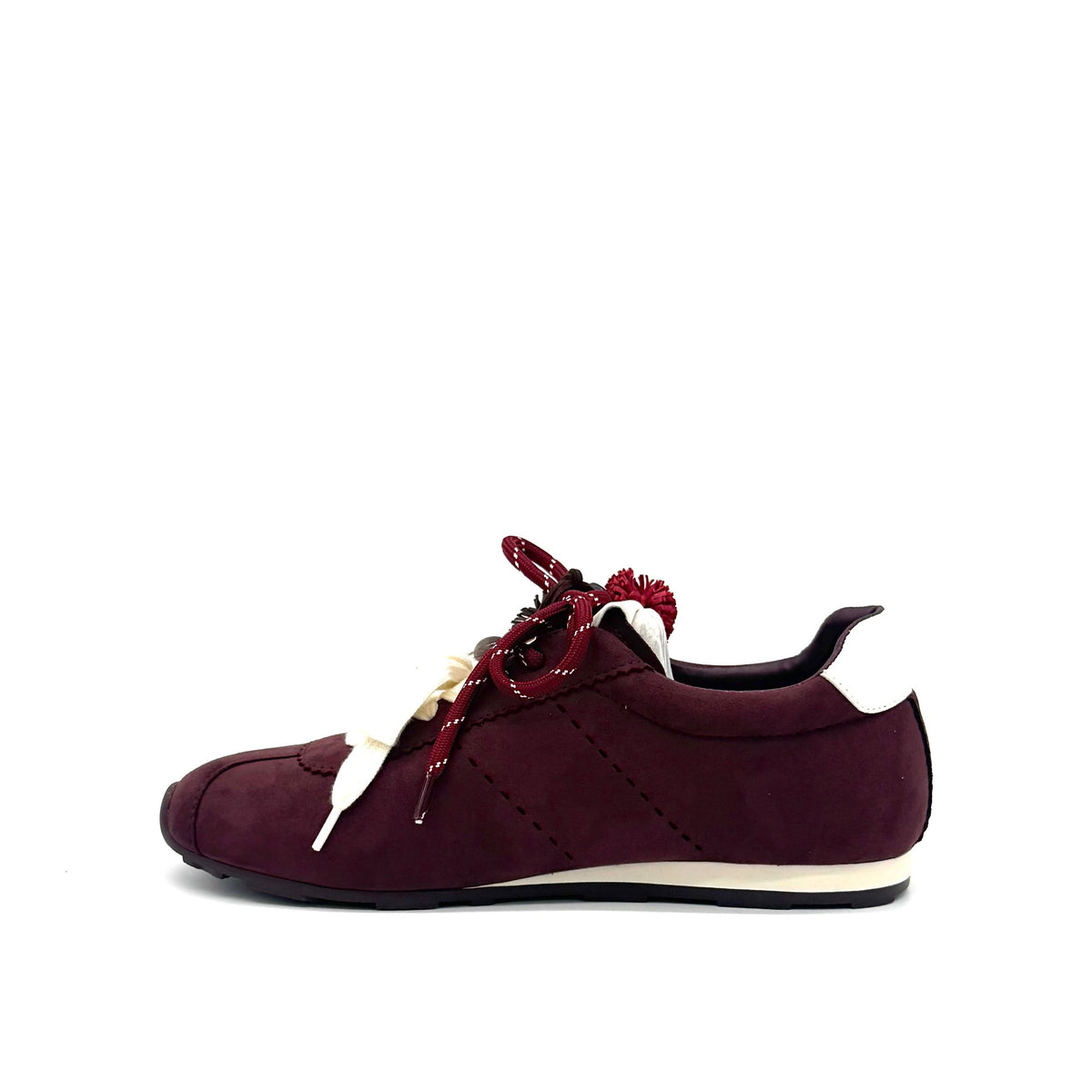 Burgundy: Renato Garini Roma-601 pom-pom lace fashion sneaker in burgundy suede with pom-pom and charm lace detail, side view