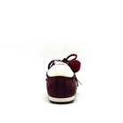 Burgundy: Renato Garini Roma-601 pom-pom lace fashion sneaker in burgundy suede with pom-pom and charm lace detail, side view
