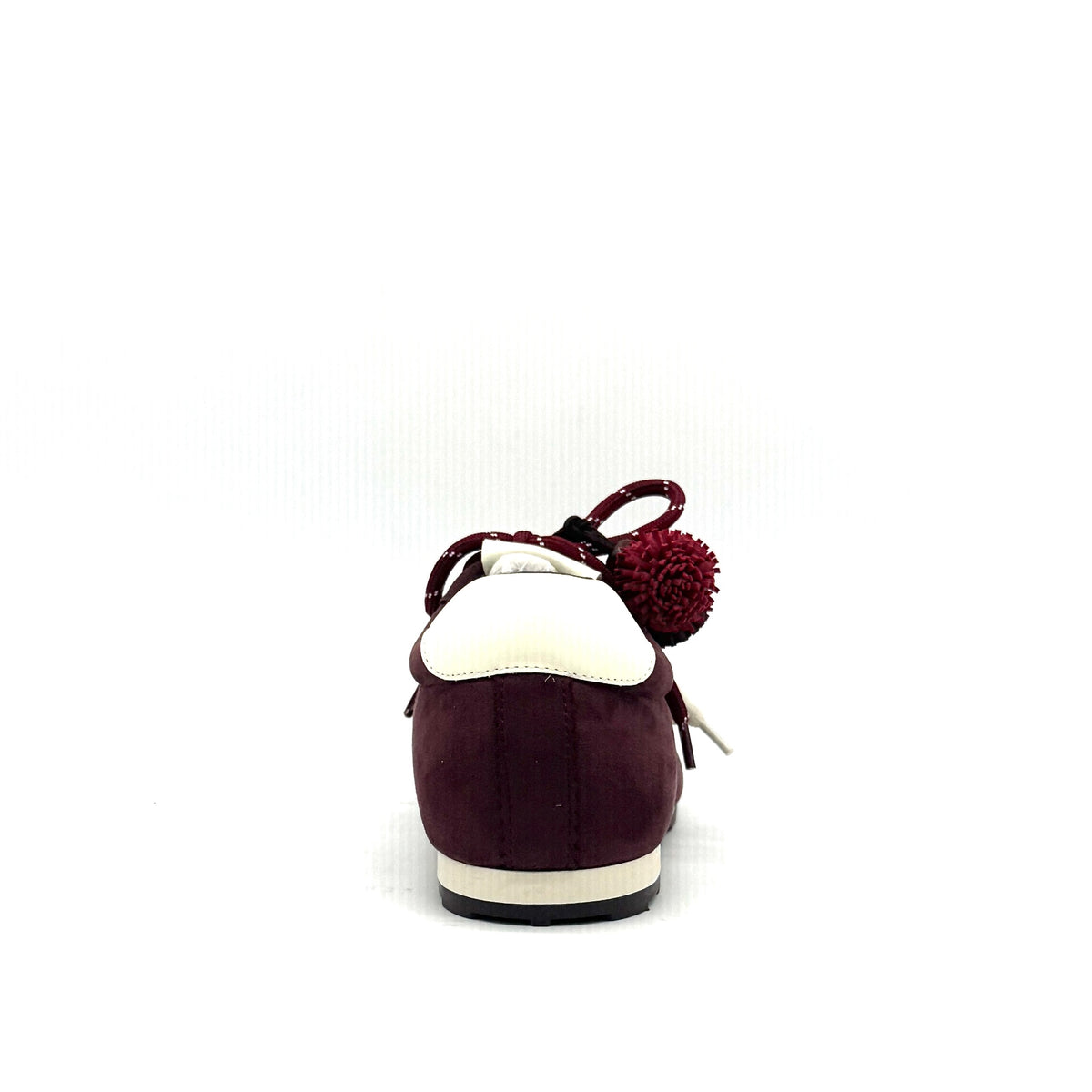 Burgundy: Renato Garini Roma-601 pom-pom lace fashion sneaker in burgundy suede with pom-pom and charm lace detail, side view