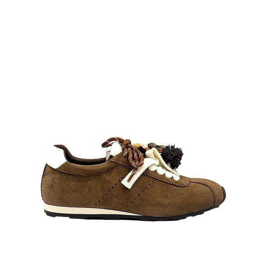 Camel: Renato Garini Roma-601 pom-pom lace fashion sneaker in camel suede with tassel and bead lace detail, side view
