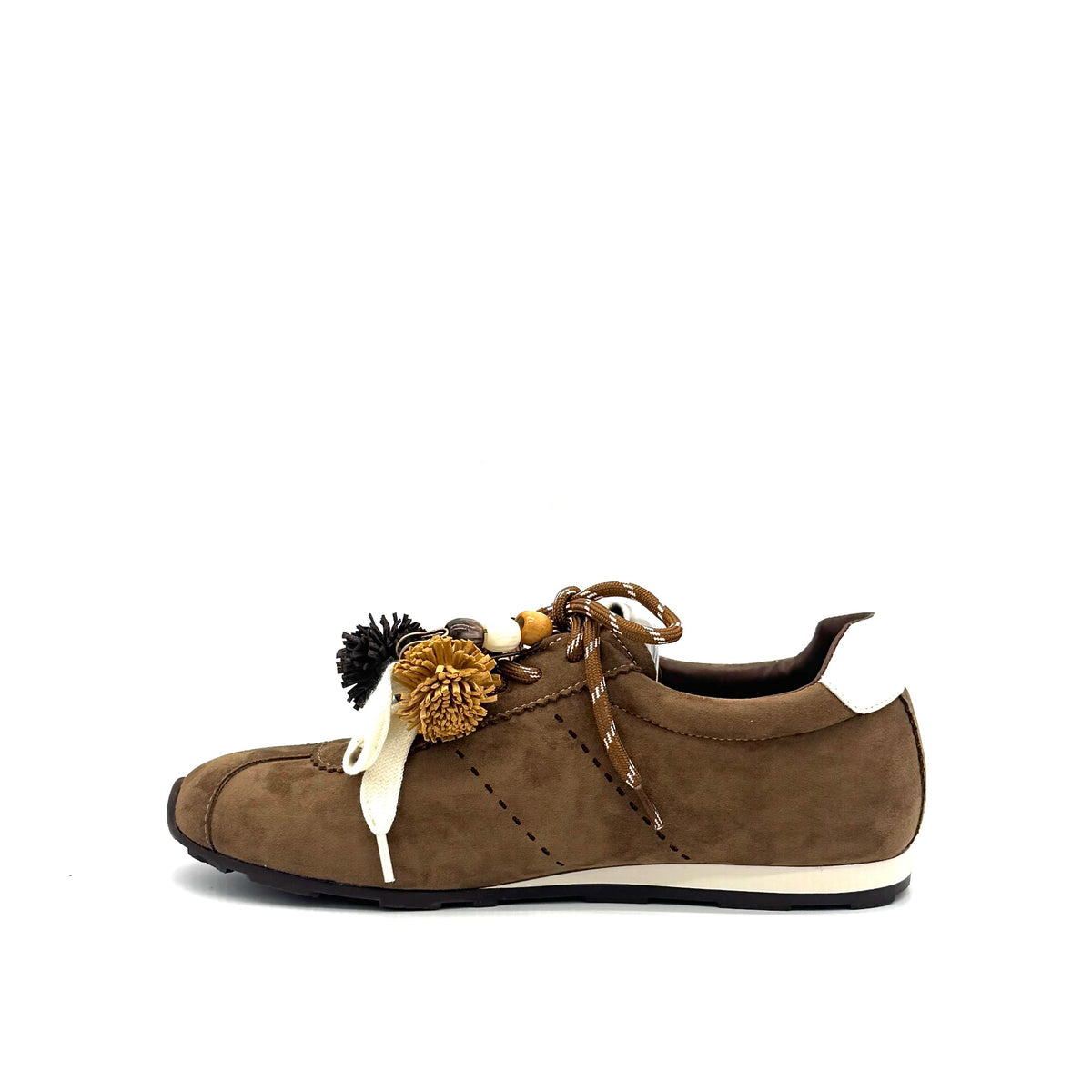 Camel: Renato Garini Roma-601 pom-pom lace fashion sneaker in camel suede with tassel and bead lace detail, side view