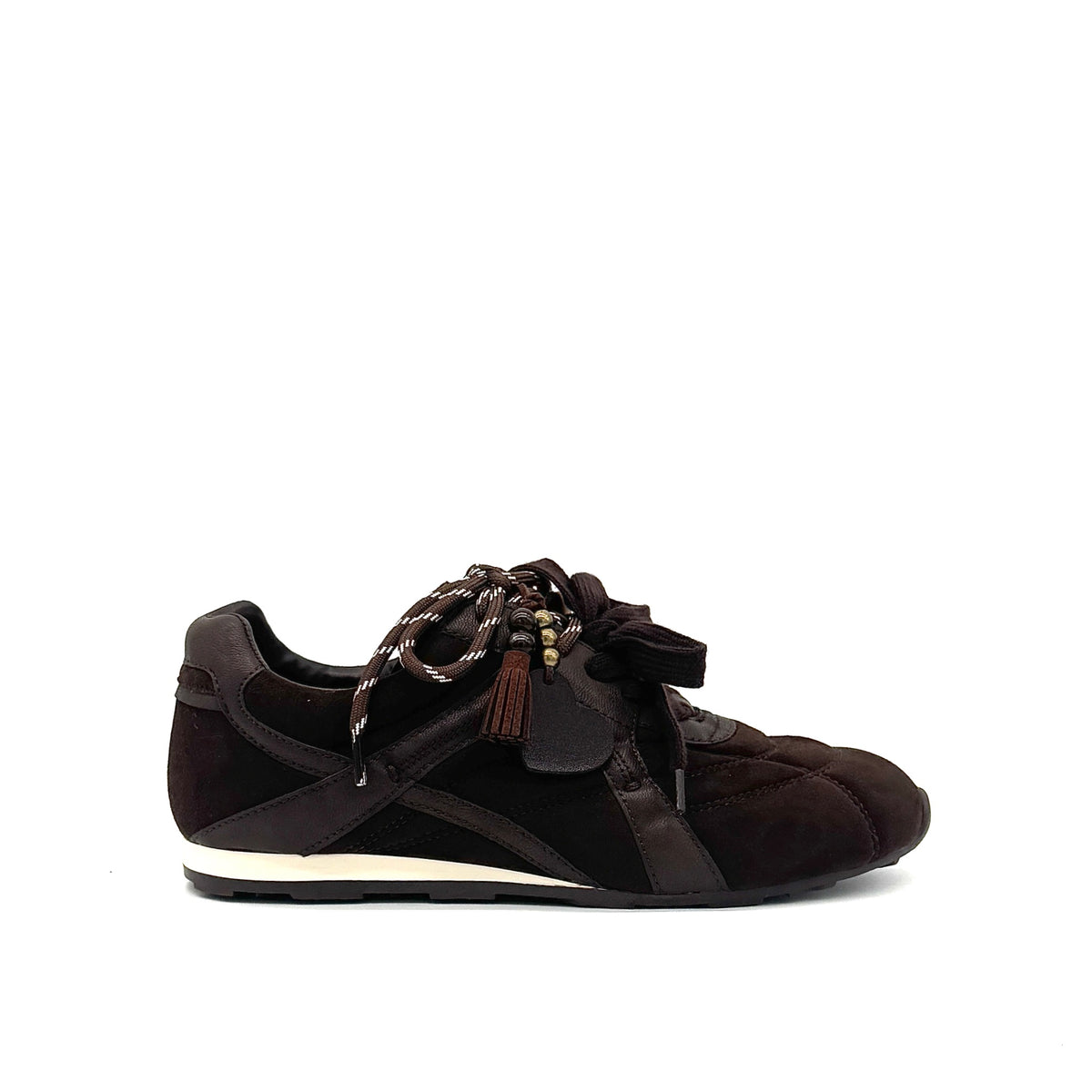 Dark Brown: Renato Garini Roma-611 retro runner sneaker in dark brown suede and leather with tassel lace charm and rope laces, side view