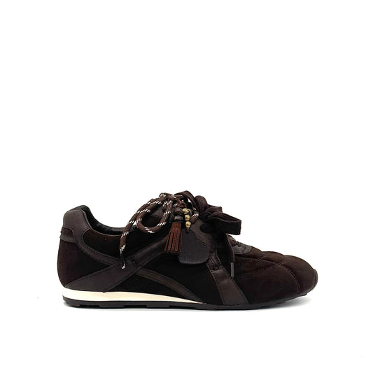 Dark Brown: Renato Garini Roma-611 retro runner sneaker in dark brown suede and leather with tassel lace charm and rope laces, side view