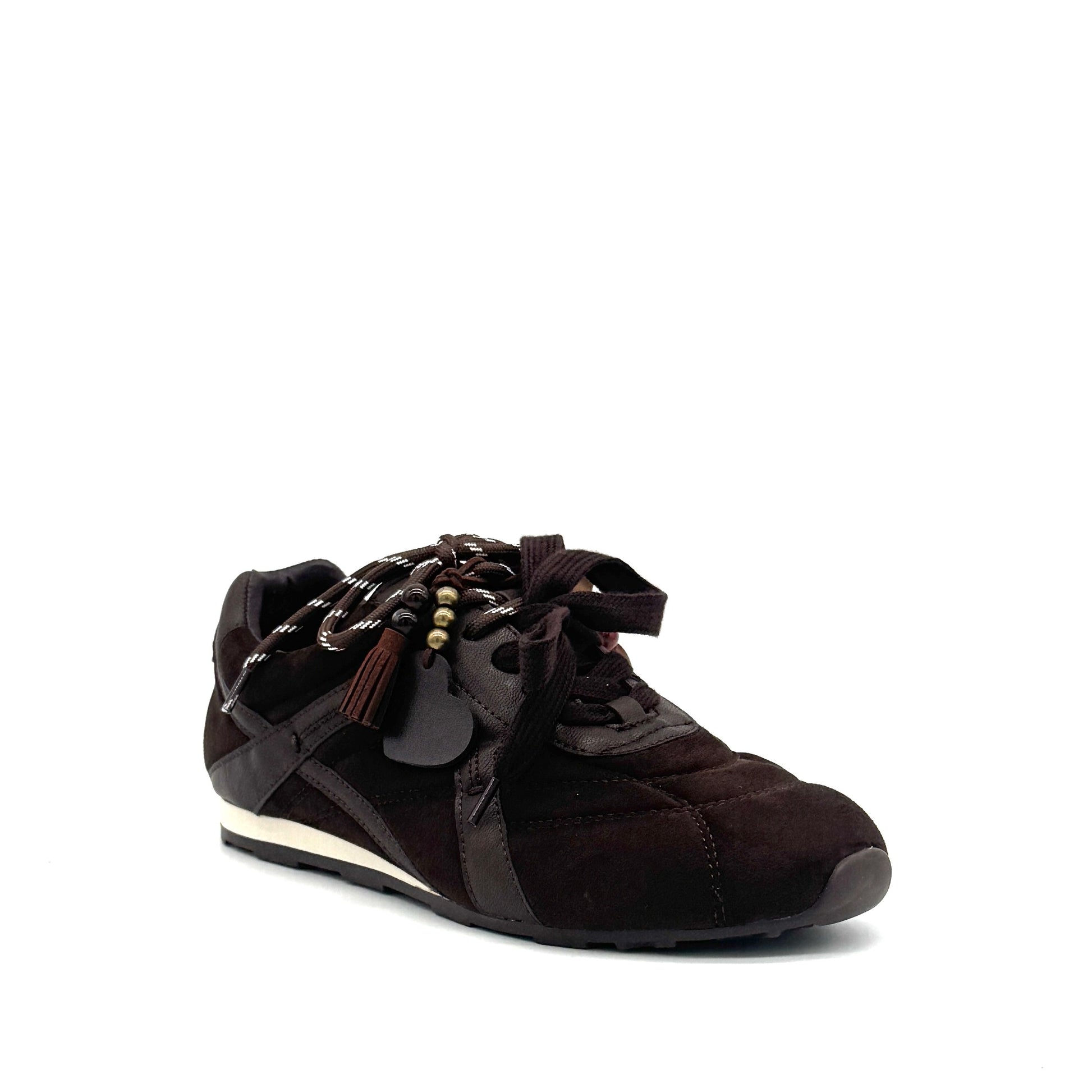 Dark Brown: Renato Garini Roma-611 retro runner sneaker in dark brown suede and leather with tassel lace charm and rope laces, side view