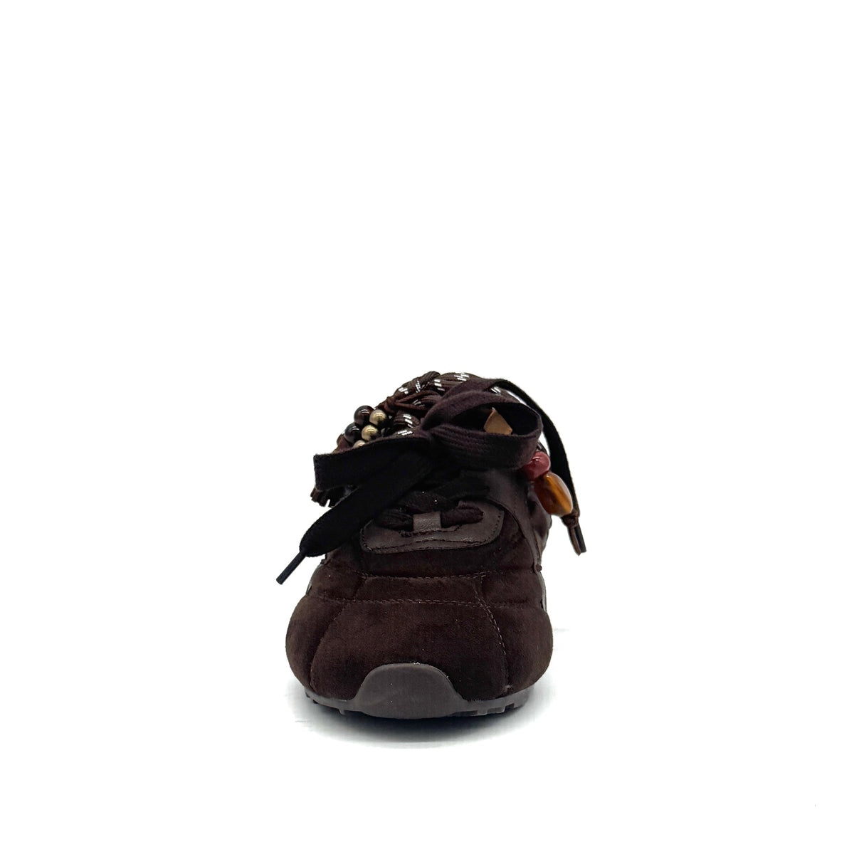 Dark Brown: Renato Garini Roma-611 retro runner sneaker in dark brown suede and leather with tassel lace charm and rope laces, side view