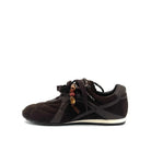 Dark Brown: Renato Garini Roma-611 retro runner sneaker in dark brown suede and leather with tassel lace charm and rope laces, side view
