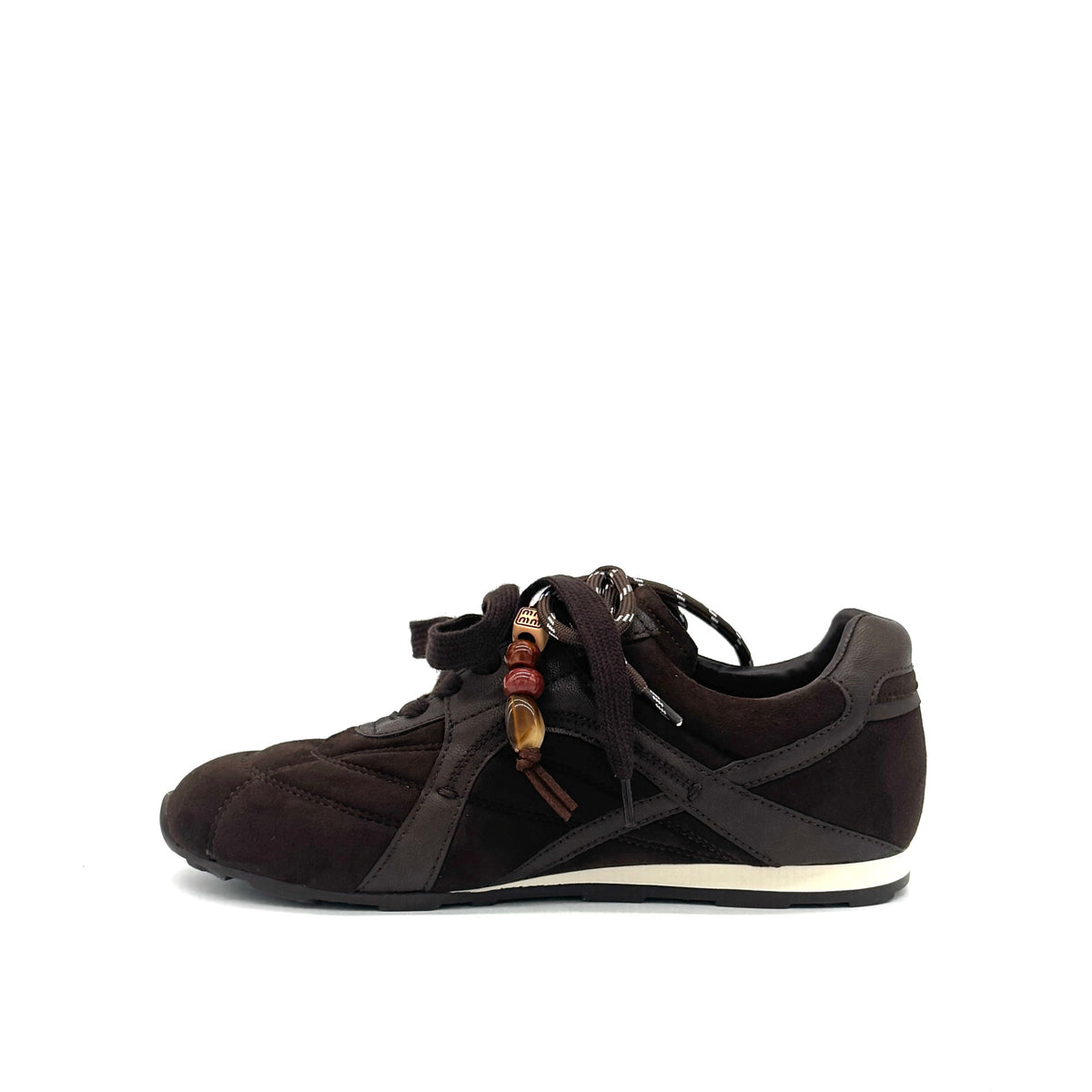 Dark Brown: Renato Garini Roma-611 retro runner sneaker in dark brown suede and leather with tassel lace charm and rope laces, side view