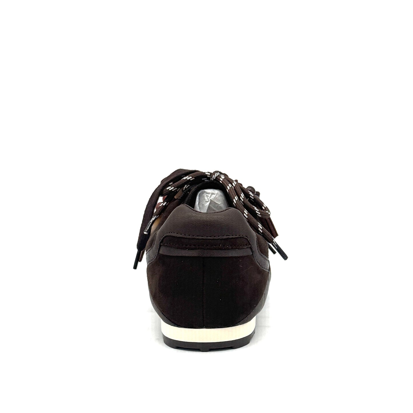 Dark Brown: Renato Garini Roma-611 retro runner sneaker in dark brown suede and leather with tassel lace charm and rope laces, side view